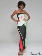 Printed Strapless Side Split Flower Dress