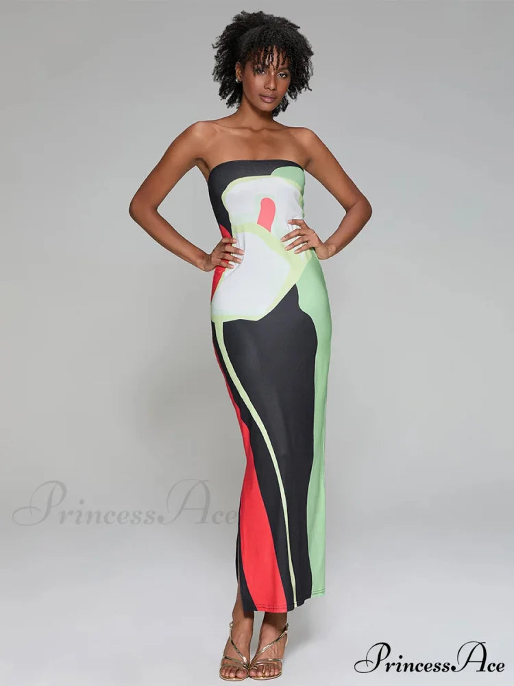 Printed Strapless Side Split Flower Dress