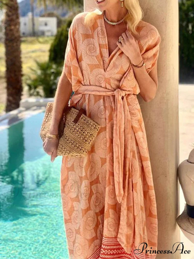 Printed V-Neck Sleeveless Charming Mid-Length Beach Dress
