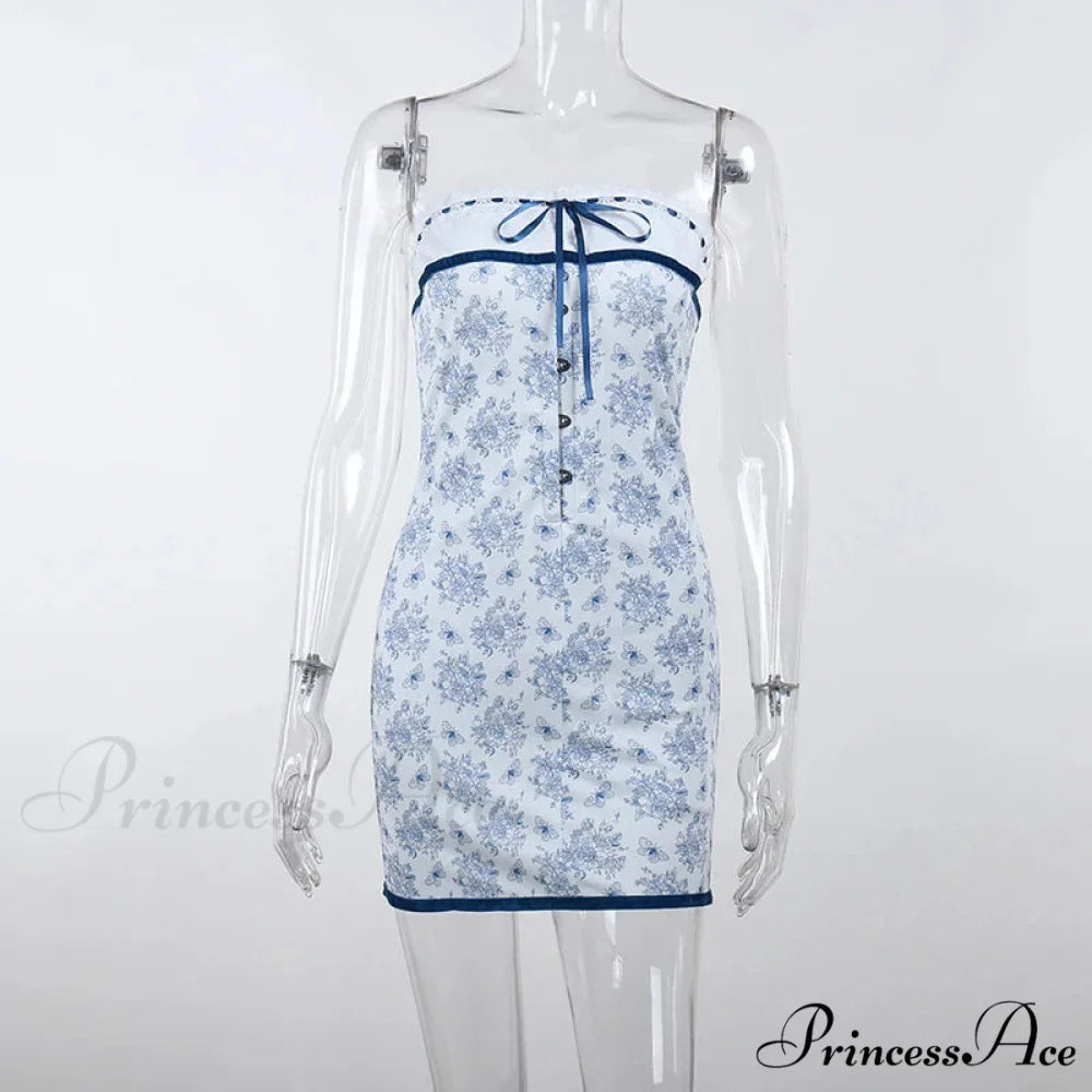 Printed Vacation Off-Shoulder Blue Metal Button Spring Elegant Outside Female Mini Floral Dress