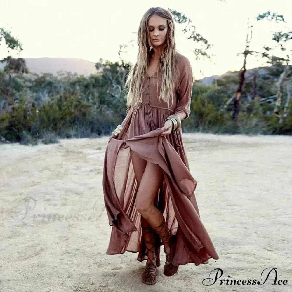 Printing Large Deep V Neck Stretch Bohemian Dress