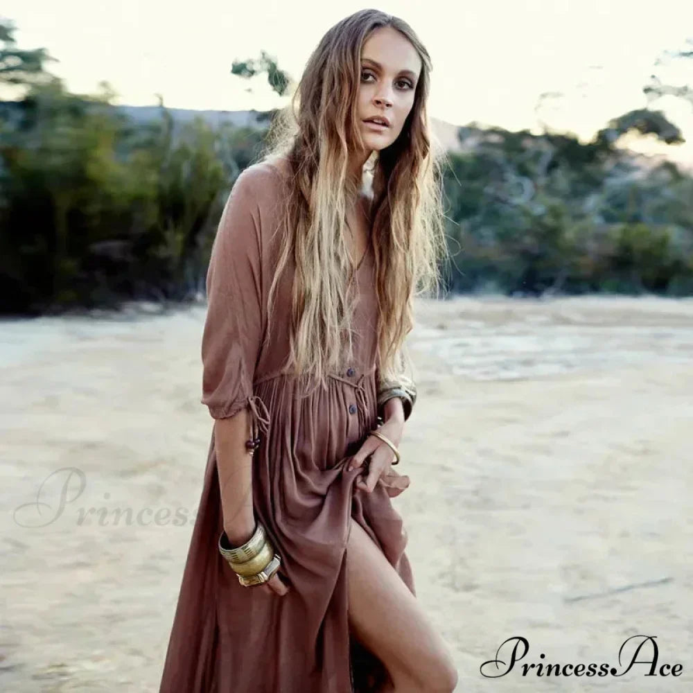 Printing Large Deep V Neck Stretch Bohemian Dress