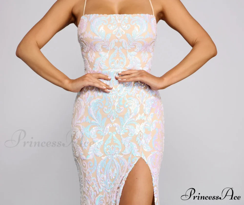 Priya Formal Iridescent Charming Sequin Scroll Dress