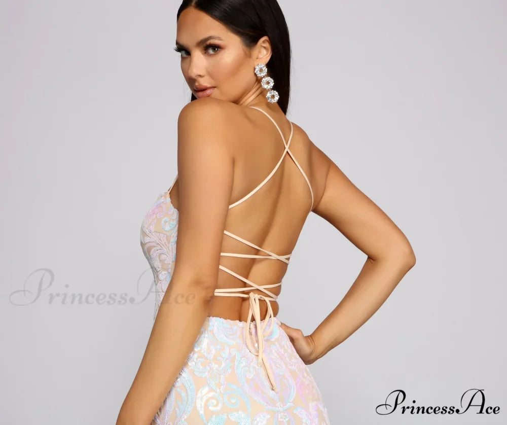 Priya Formal Iridescent Charming Sequin Scroll Dress
