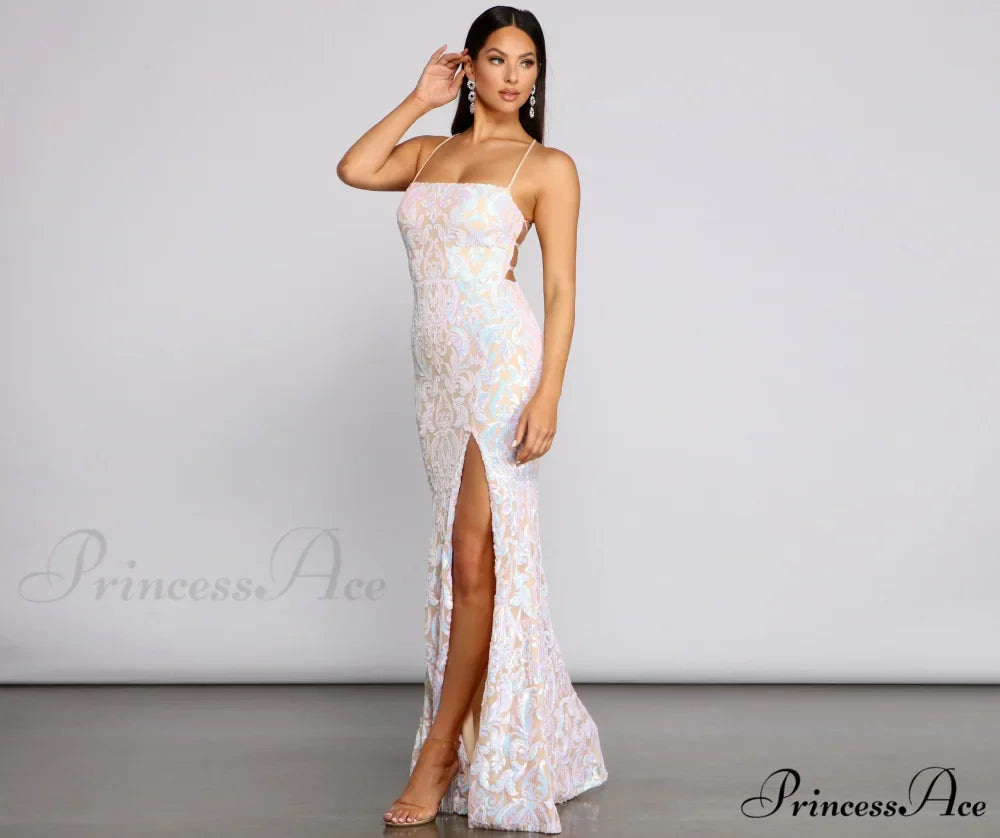 Priya Formal Iridescent Charming Sequin Scroll Dress