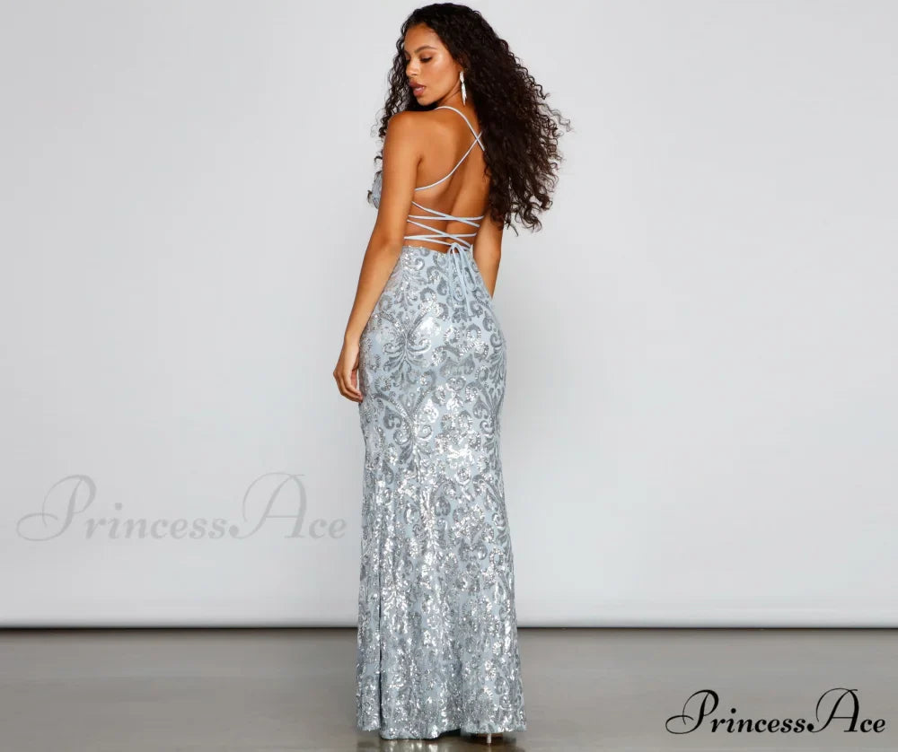 Priya Formal Iridescent Charming Sequin Scroll Dress