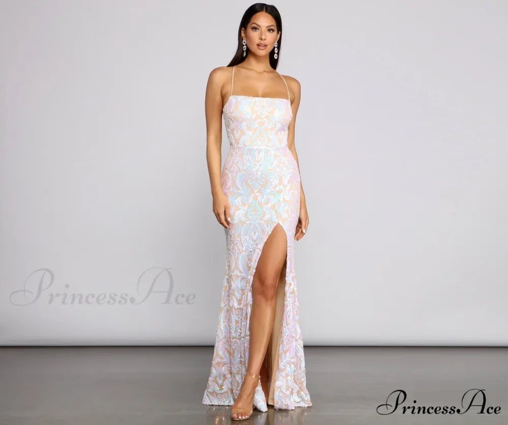 Priya Formal Iridescent Charming Sequin Scroll Dress