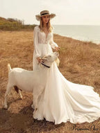 Profound Plunging Neckline Extended Sleeve Bridal Wedding Gown