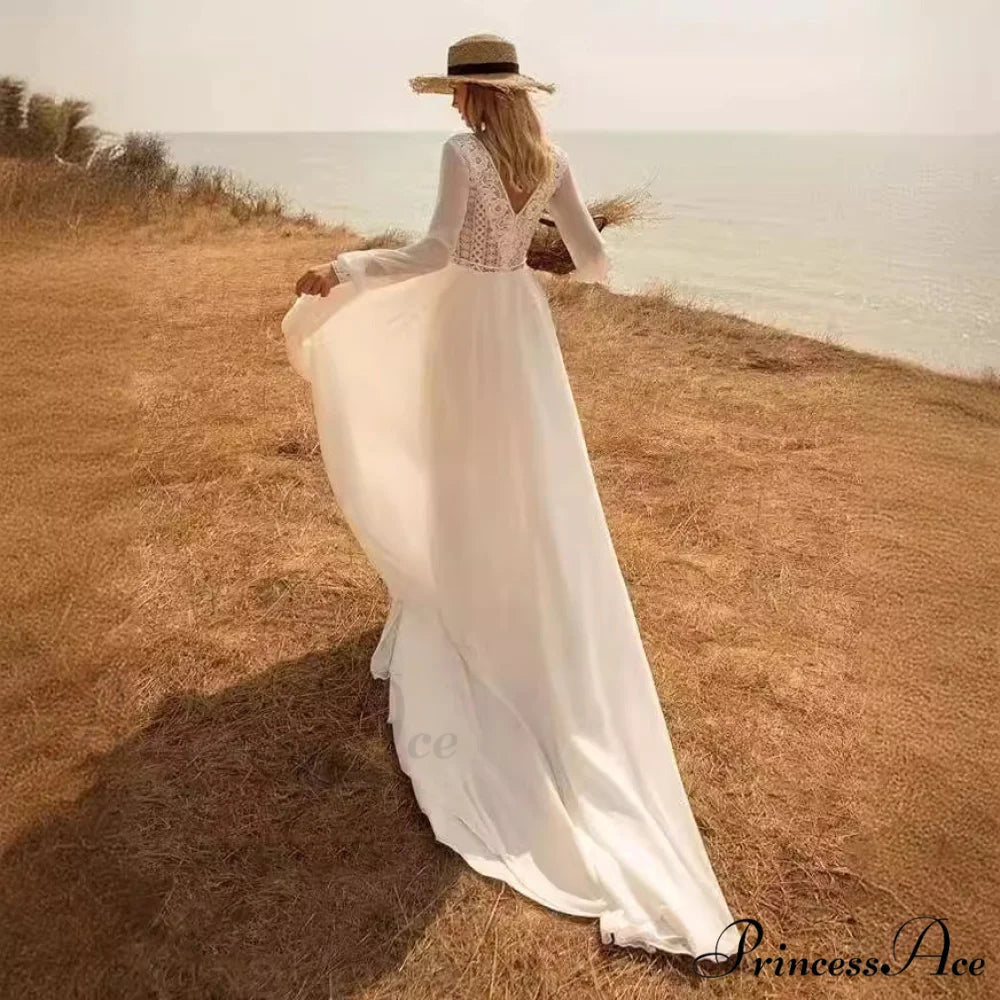 Profound Plunging Neckline Extended Sleeve Bridal Wedding Gown