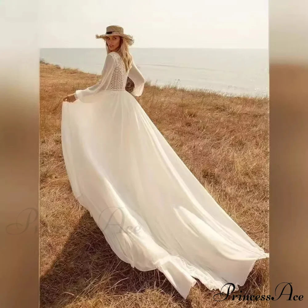 Profound Plunging Neckline Extended Sleeve Bridal Wedding Gown