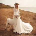 Profound Plunging Neckline Extended Sleeve Bridal Wedding Gown