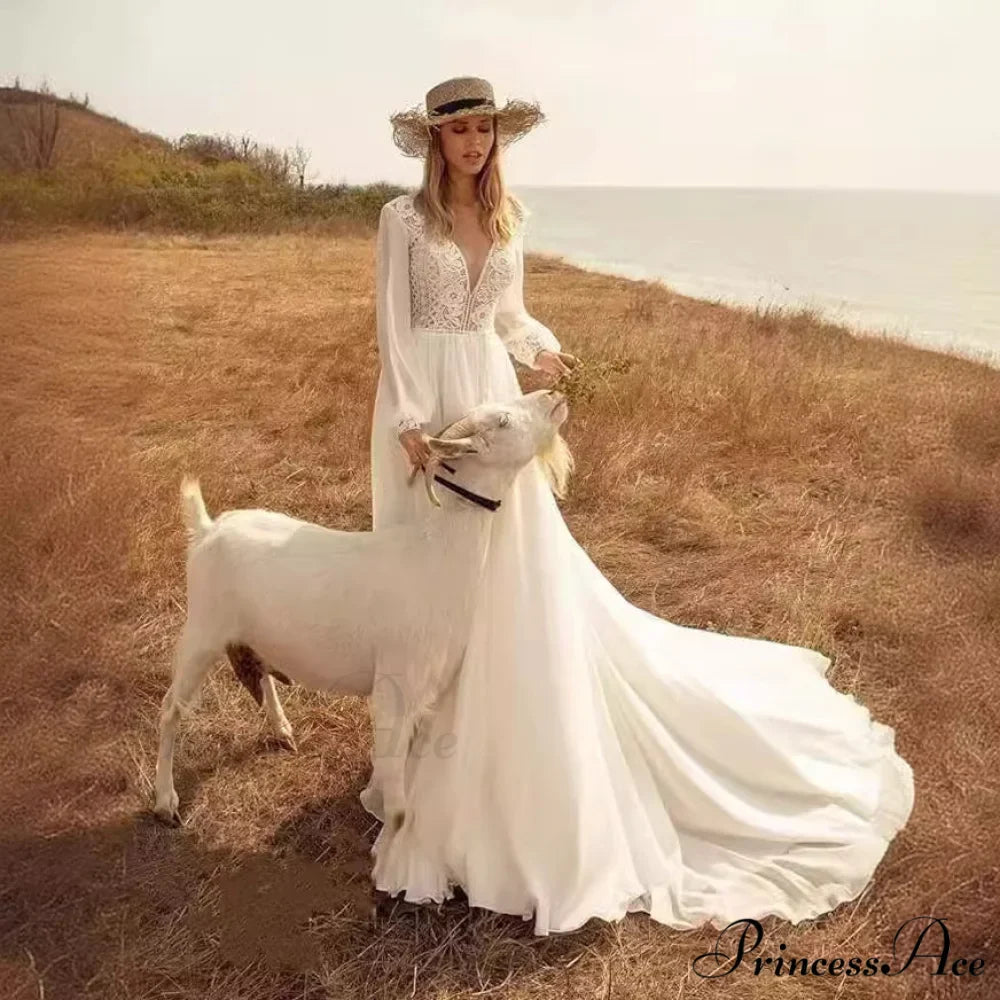 Profound Plunging Neckline Extended Sleeve Bridal Wedding Gown