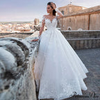 Profound Plunging Neckline Extended Train Bridal Gown