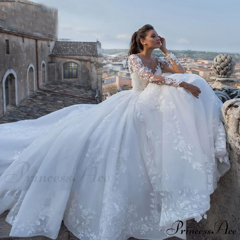 Profound Plunging Neckline Extended Train Bridal Gown
