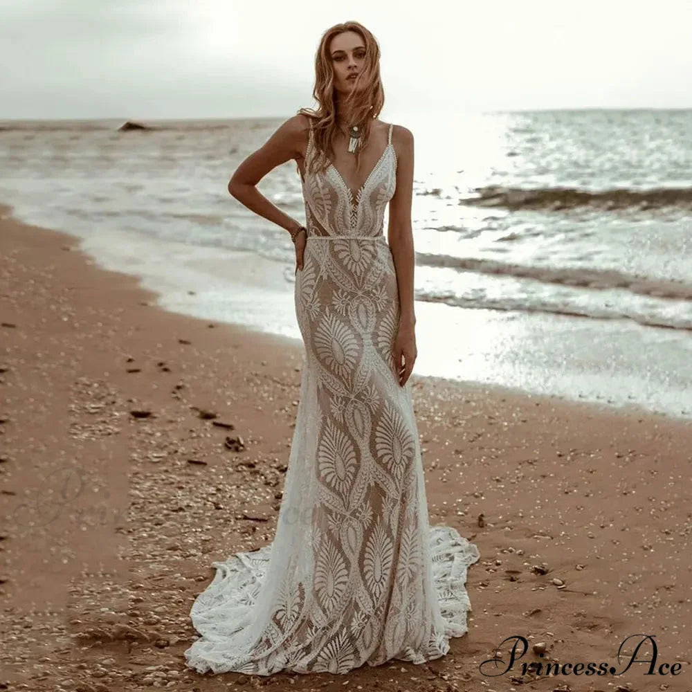 Profound Plunging Neckline Lace Mermaid Bridal Gown