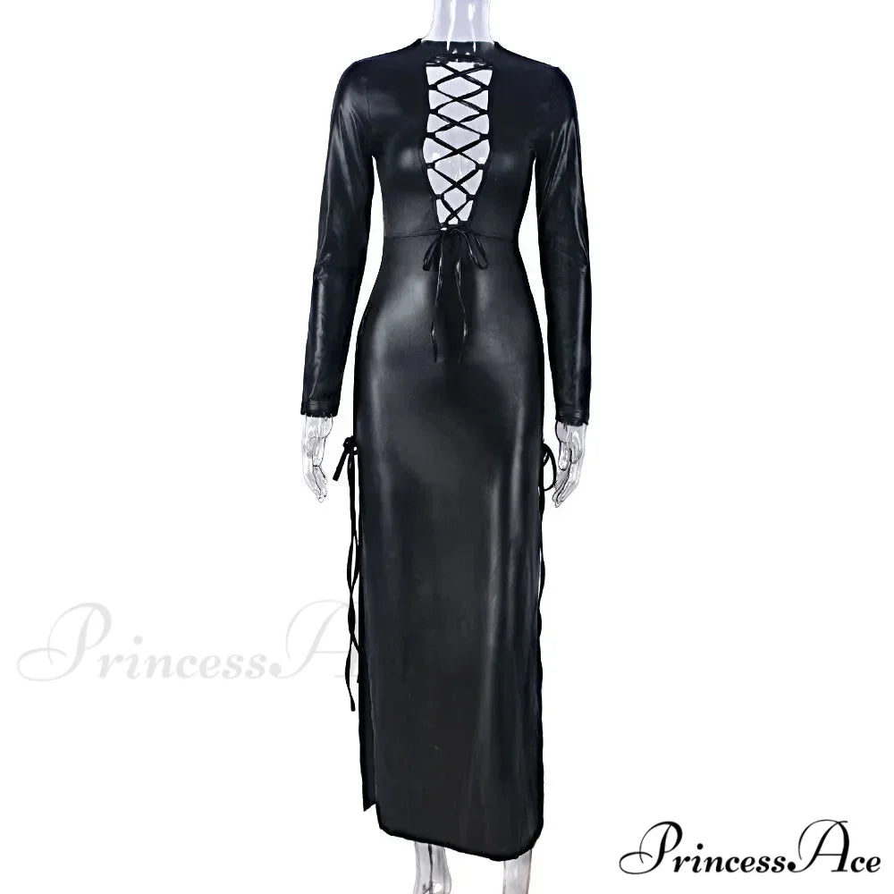 PU Leather Bandage Split Deep V Maxi Dress