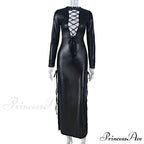 PU Leather Bandage Split Deep V Maxi Dress
