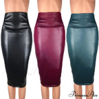 PU Leather Elegant Pencil Midi Skirts