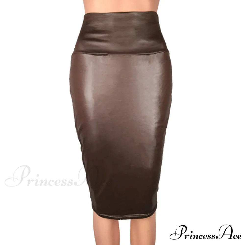 PU Leather Elegant Pencil Midi Skirts