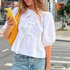 Puff Brief Sleeve Peplum Bind Front Blouse