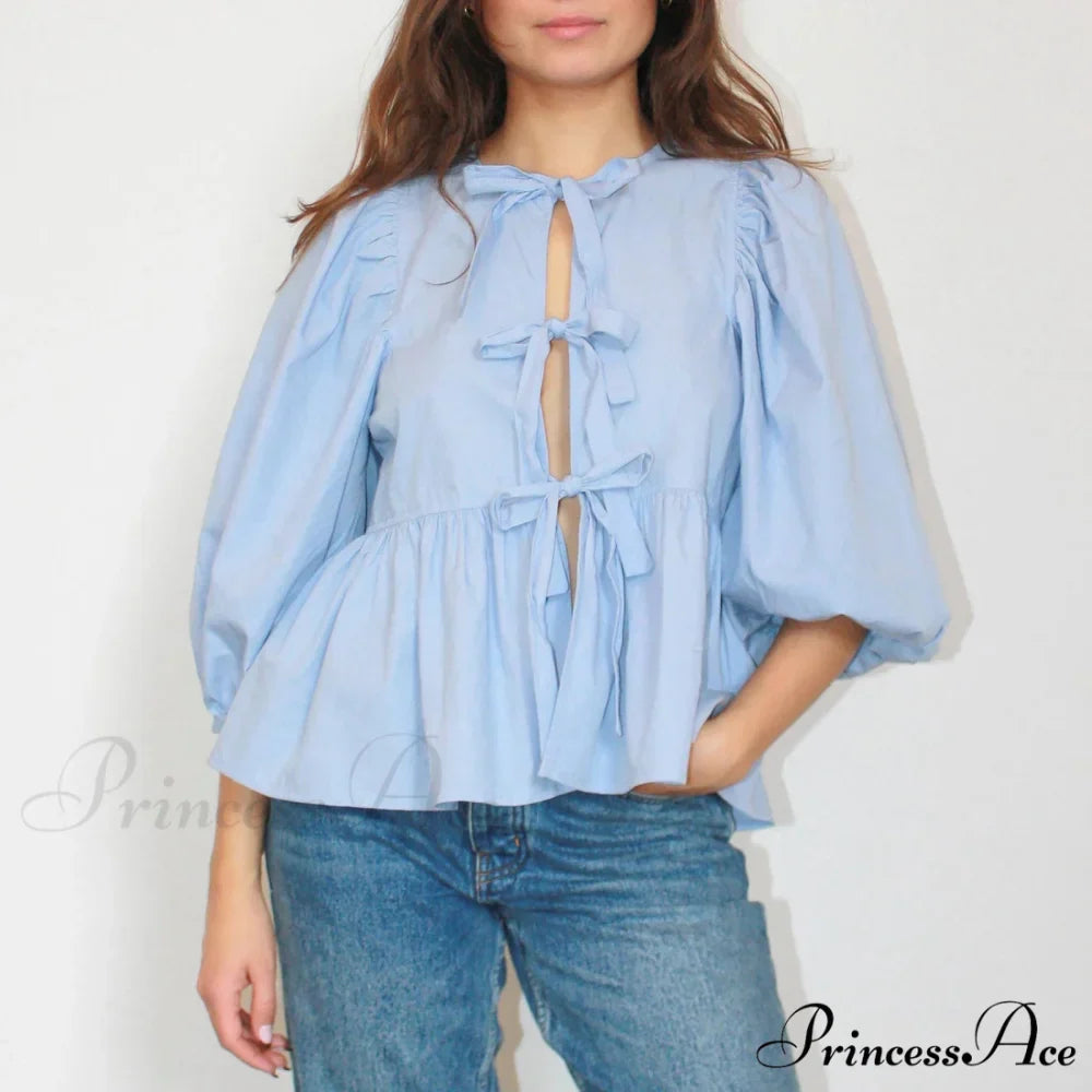 Puff Brief Sleeve Peplum Bind Front Blouse