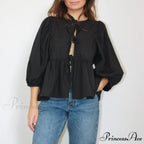 Puff Brief Sleeve Peplum Bind Front Blouse