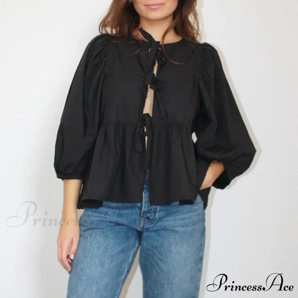Puff Brief Sleeve Peplum Bind Front Blouse