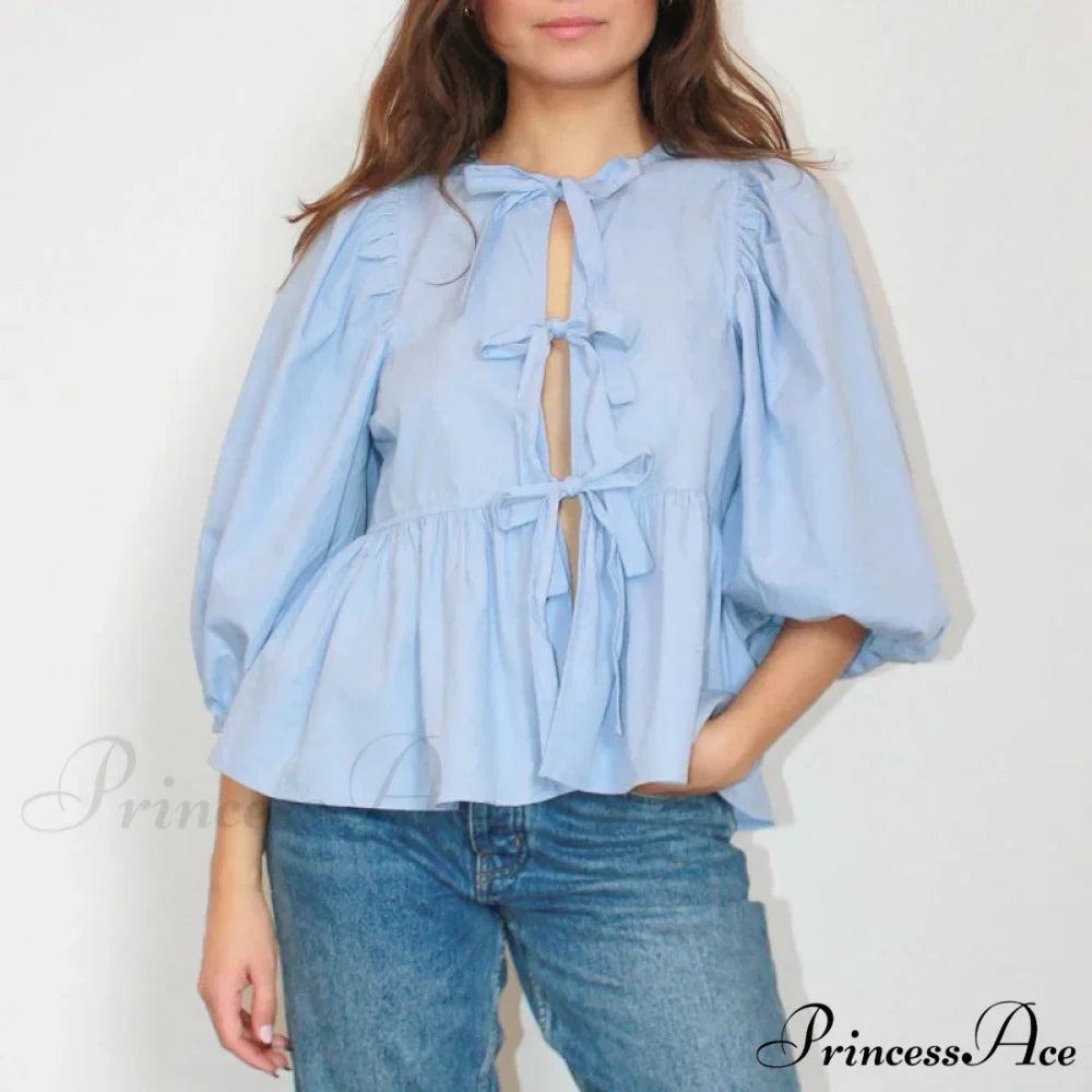 Puff Brief Sleeve Peplum Bind Front Blouse