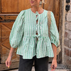 Puff Brief Sleeve Peplum Bind Front Blouse