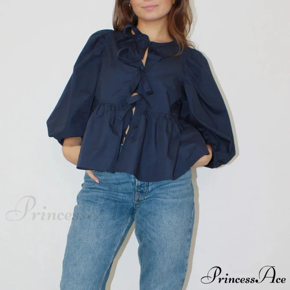 Puff Brief Sleeve Peplum Bind Front Blouse