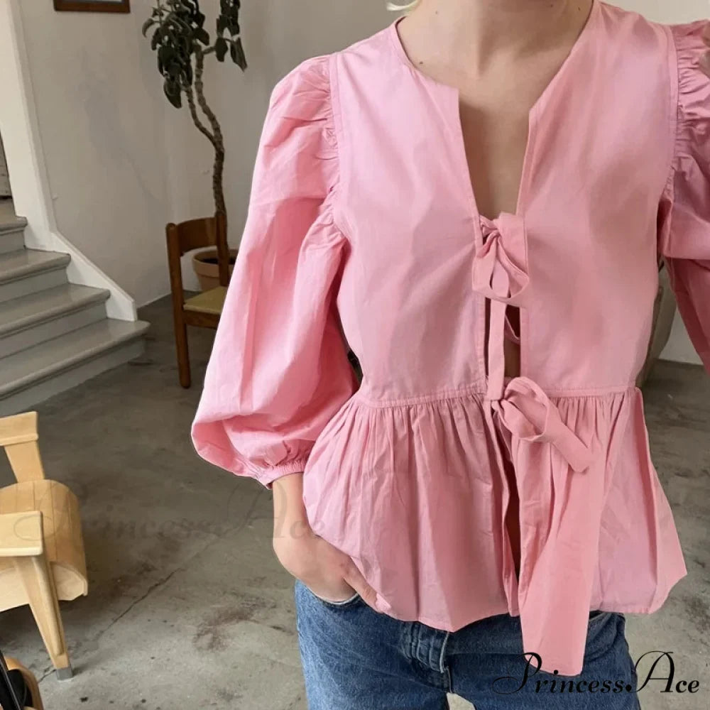 Puff Brief Sleeve Peplum Bind Front Blouse