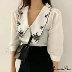 Puff Extended Sleeve Flower Stitch Blouse