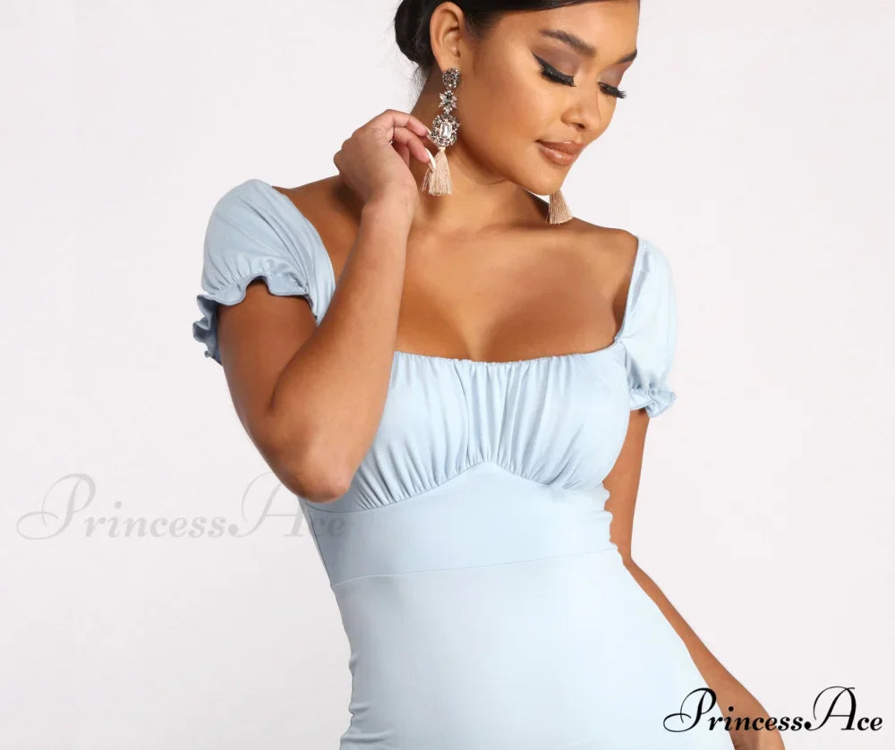 Puff Sleeve Ruched Charming Knit Mini Dress