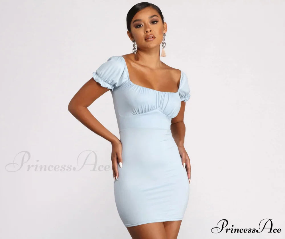 Puff Sleeve Ruched Charming Knit Mini Dress