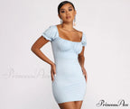 Puff Sleeve Ruched Charming Knit Mini Dress