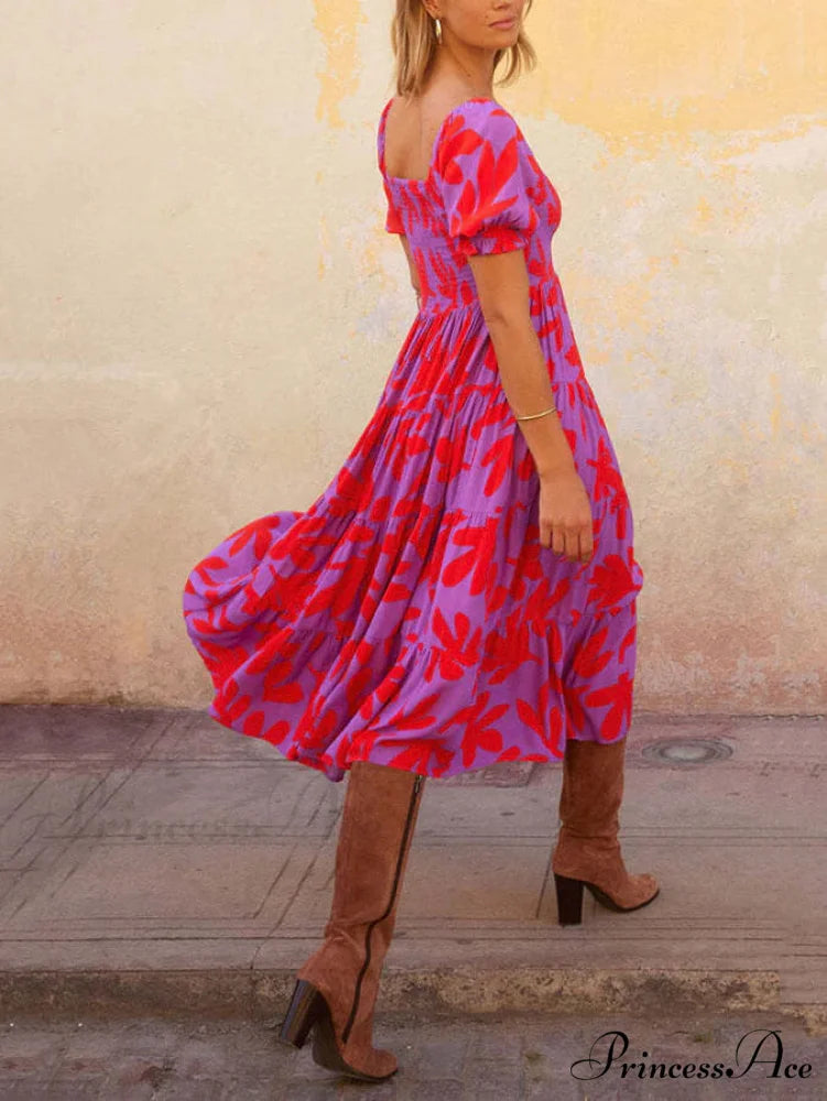 Puff Sleeve Square Charming Neck Printed Midi Dress