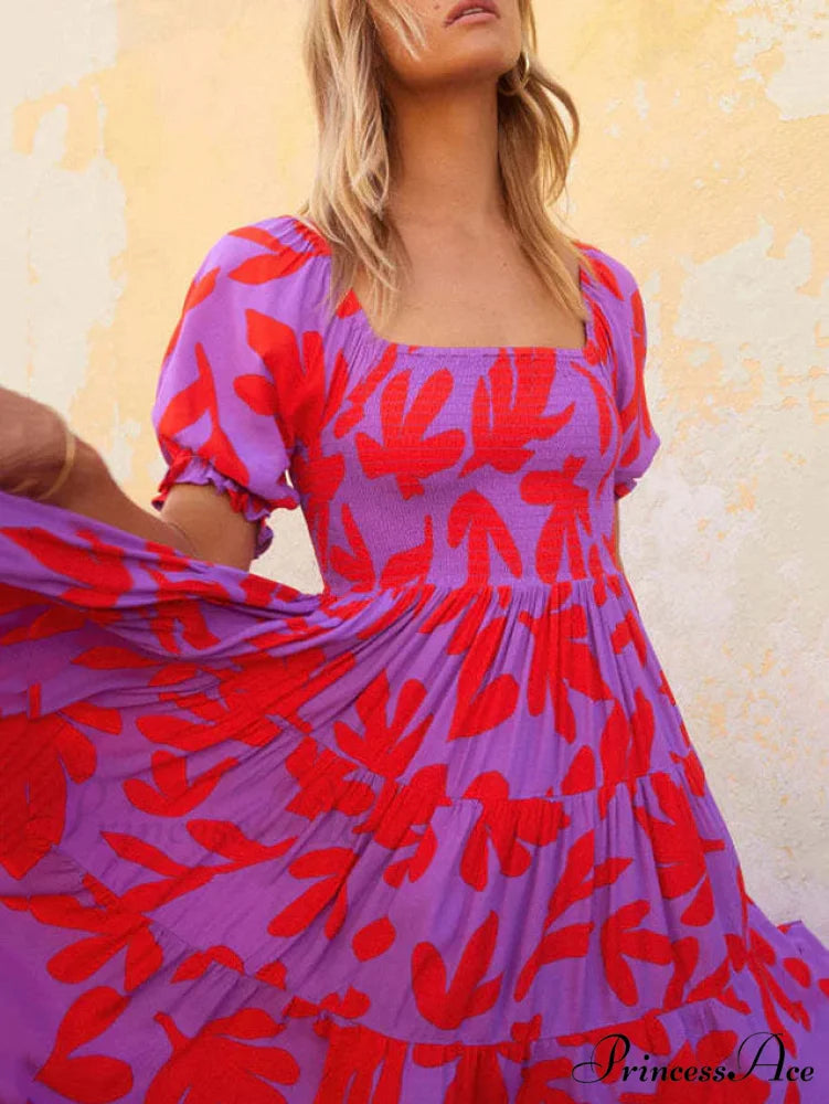 Puff Sleeve Square Charming Neck Printed Midi Dress