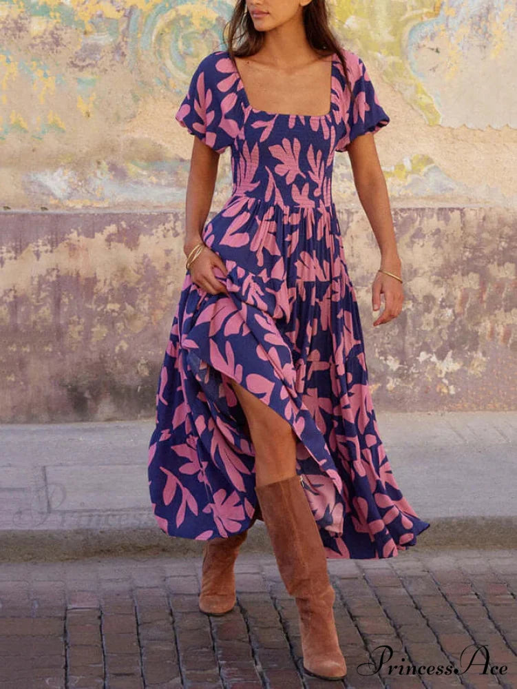 Puff Sleeve Square Charming Neck Printed Midi Dress