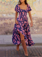 Puff Sleeve Square Charming Neck Printed Midi Dress