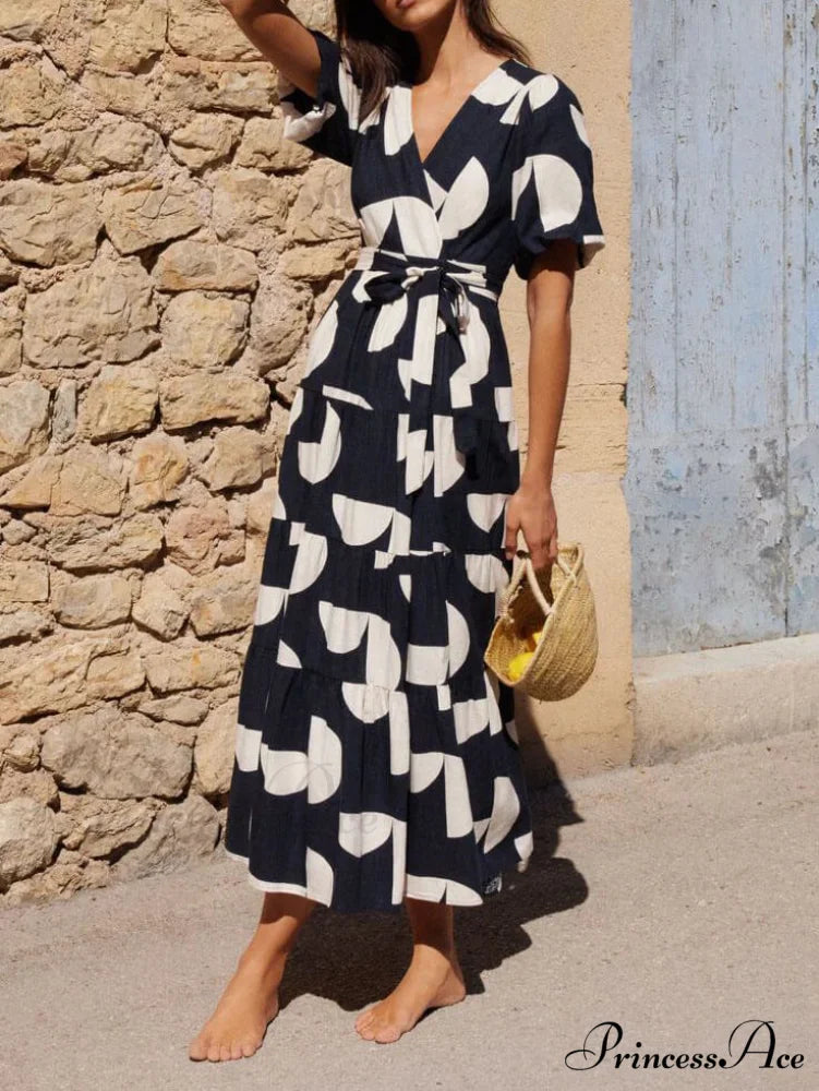 Puff Sleeve V-Neck Charming Geometric Print Midi Dress
