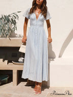 Puff Sleeve V-Neck Charming Long Oversized Hem Dress