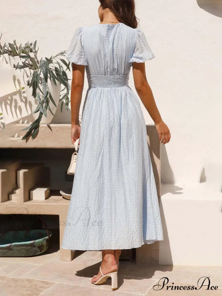 Puff Sleeve V-Neck Charming Long Oversized Hem Dress