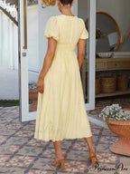 Puff Sleeve V-Neck Charming Long Oversized Hem Dress