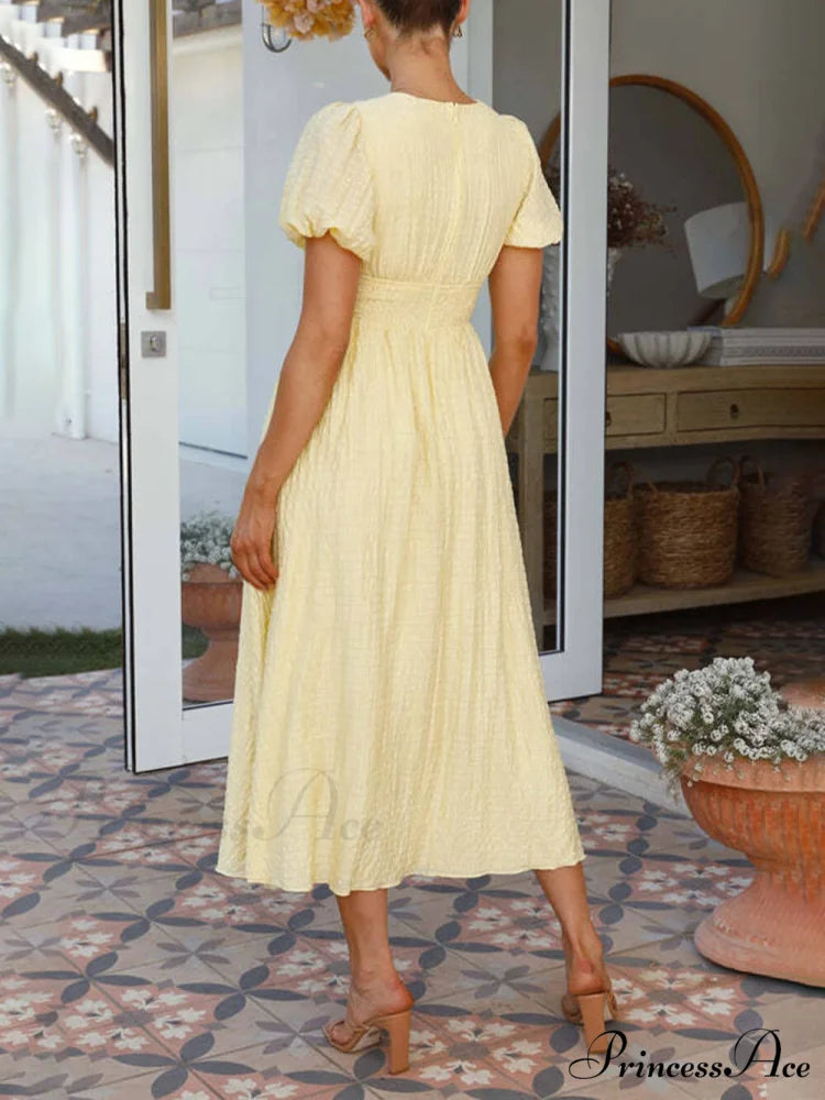 Puff Sleeve V-Neck Charming Long Oversized Hem Dress