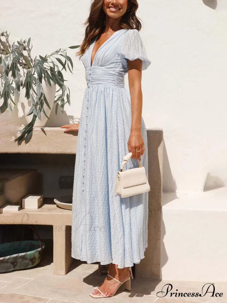 Puff Sleeve V-Neck Charming Long Oversized Hem Dress