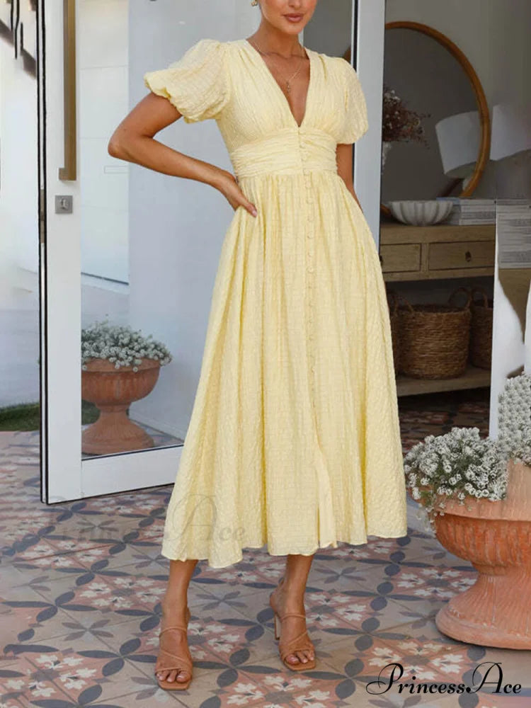 Puff Sleeve V-Neck Charming Long Oversized Hem Dress