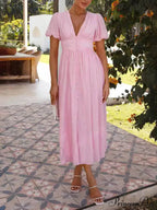 Puff Sleeve V-Neck Charming Long Oversized Hem Dress