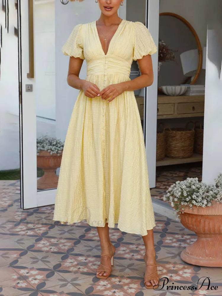 Puff Sleeve V-Neck Charming Long Oversized Hem Dress