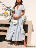 Puff Sleeve V-Neck Charming Long Oversized Hem Dress