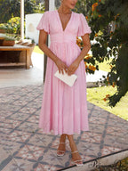 Puff Sleeve V-Neck Charming Long Oversized Hem Dress